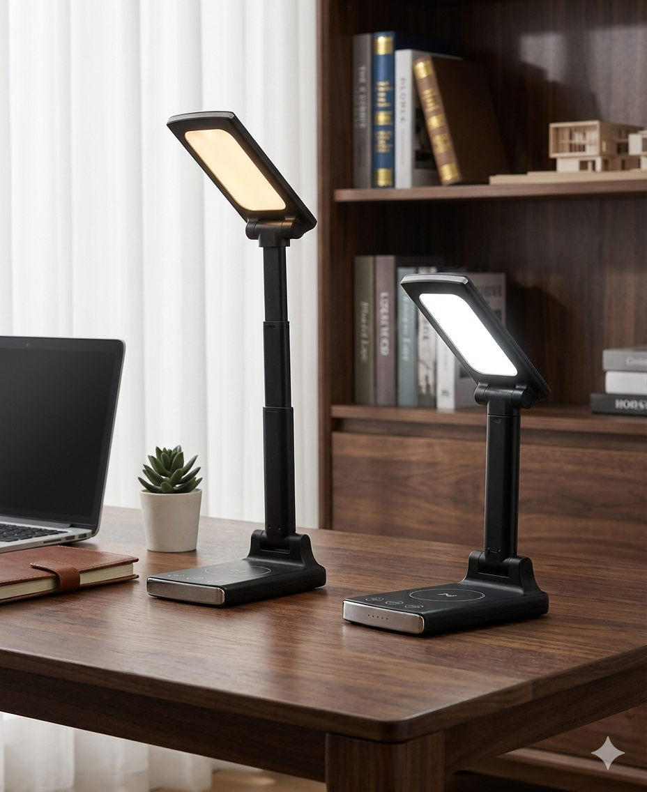 مصباح مكتب LED متعدد الوظائف مع شحن لاسلكي وحامل هاتف – تصميم مكتب ذكي