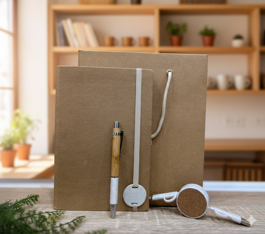 Eco-Friendly Corporate Gift Set – Kraft Notebook, Bamboo Pen & Multi Charging Cable with Gift Bag