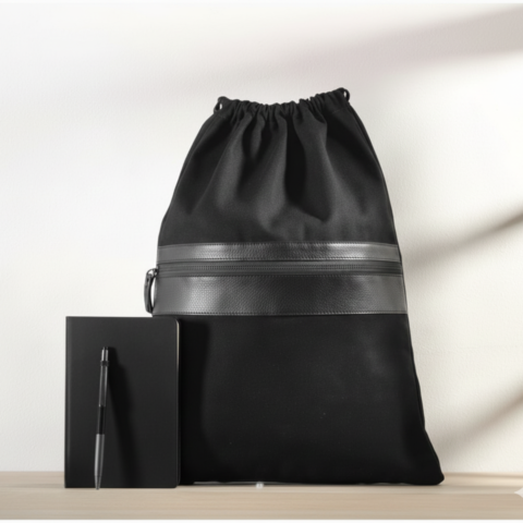 شنطة برباط (Drawstring) فاخرة مع نوت بوك "ملاحظات العمل" وقلم – طقم يومي أنيق وعملي