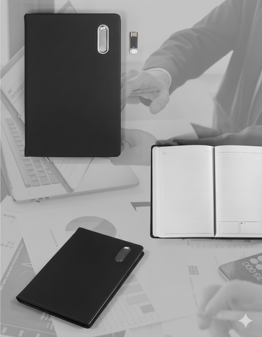 Premium A5 Notebook with Built-in 32GB Flash Drive – Textured Leather Design