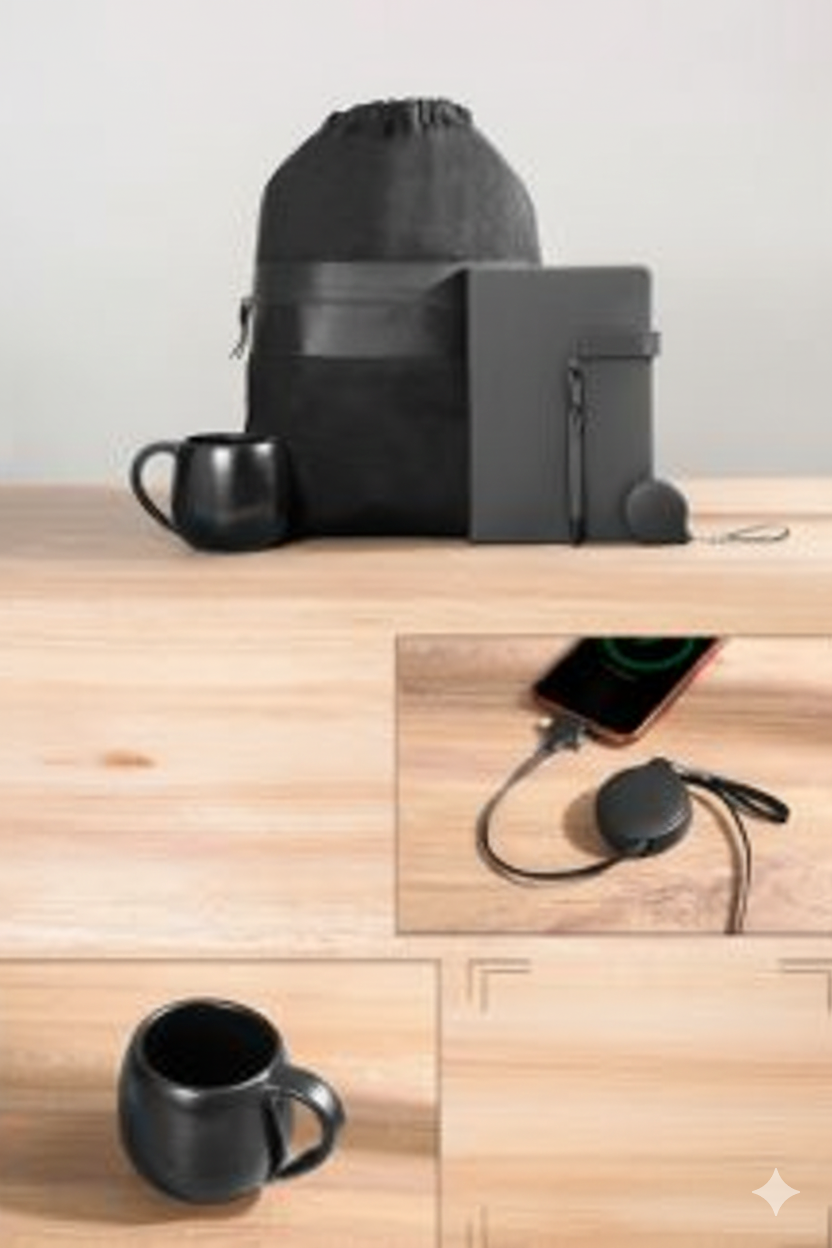 طقم "الأسود الأساسي" – شنطة برباط + نوت بوك + مج + شاحن لاسلكي سريع