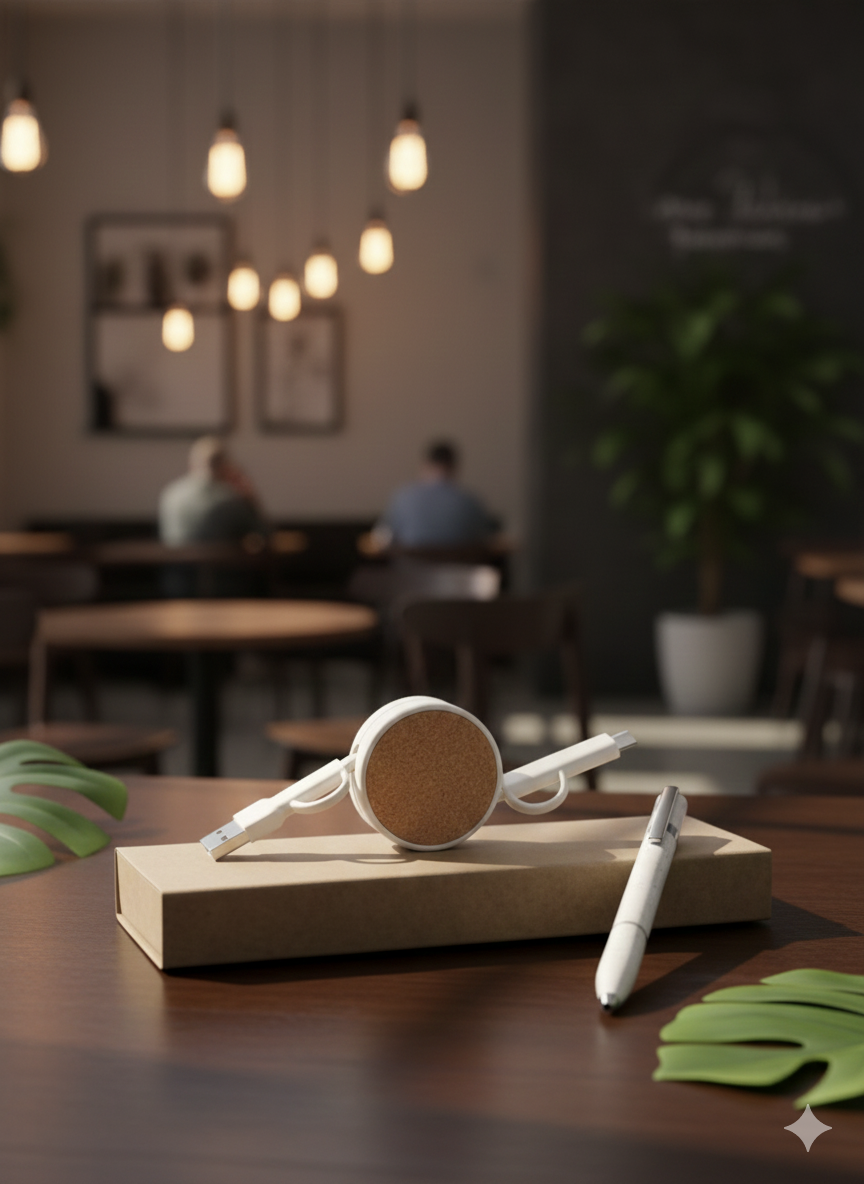 Eco-Friendly Office Gift Set – Retractable Cork Charging Cable with Elegant White Pen