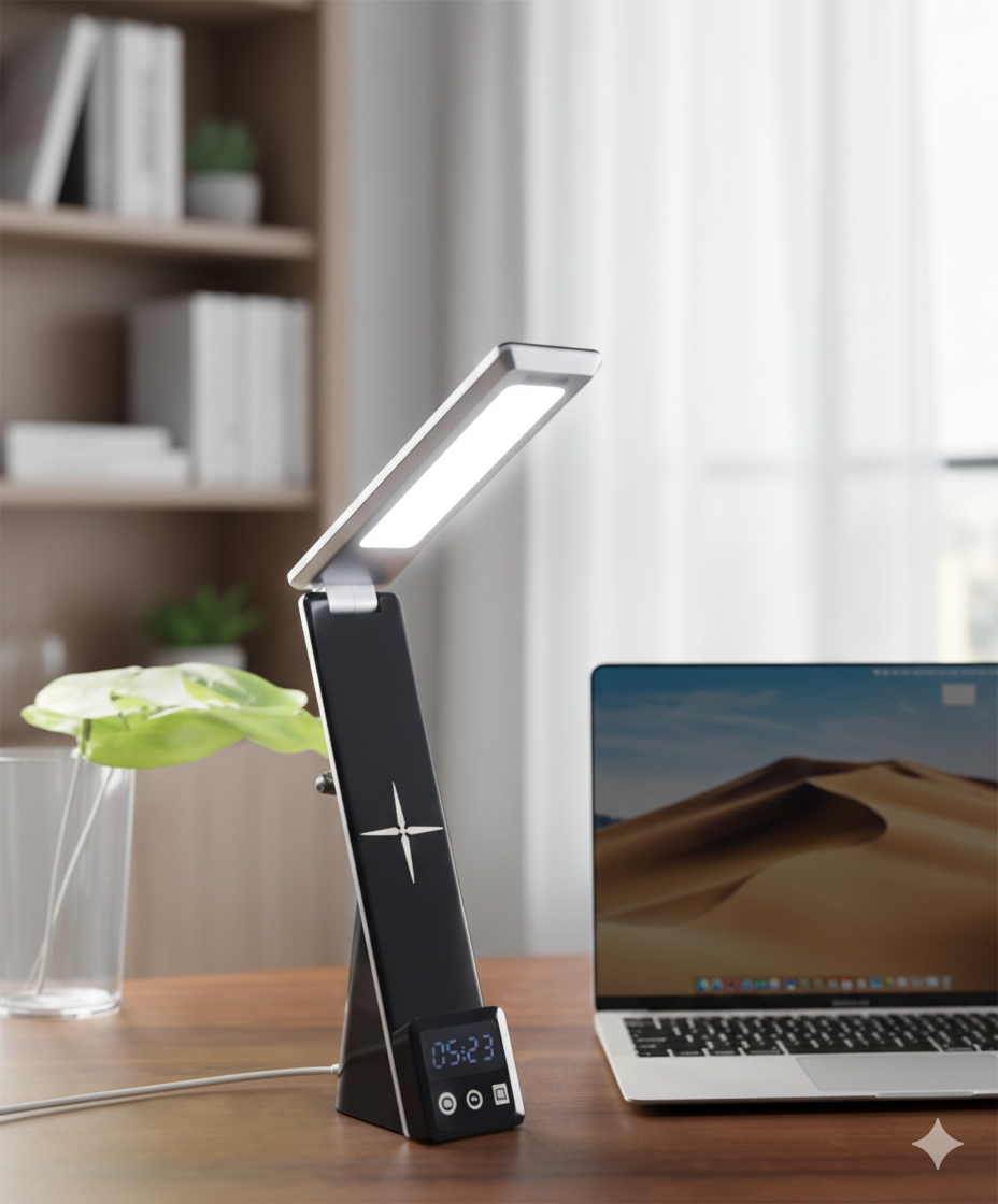6-in-1 Smart Desk Set with Wireless Charging, LED Light & Digital Clock – Foldable Elegant Design |code:WCT7