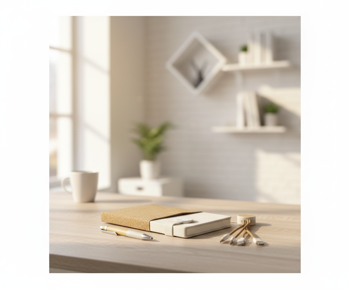 Premium Eco-Friendly Executive Gift Set – Cork & Fabric Notebook, Bamboo Pen, 3-in-1 Charging Cable