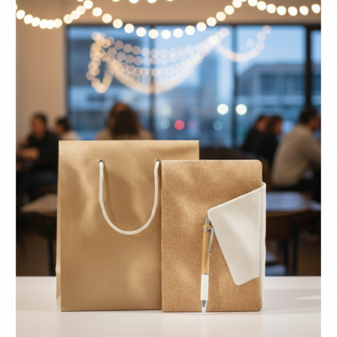 Eco Office Gift Set with Kraft Bag, Cork Notebook & Pen – Minimal Professional Design