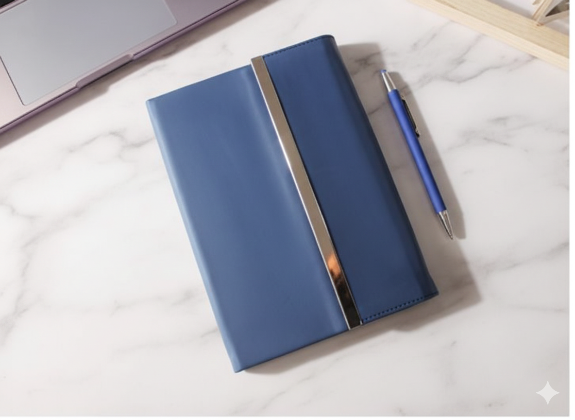 Premium Leather Notebook Gift Set with Blue Metal Pen and Gift Bag