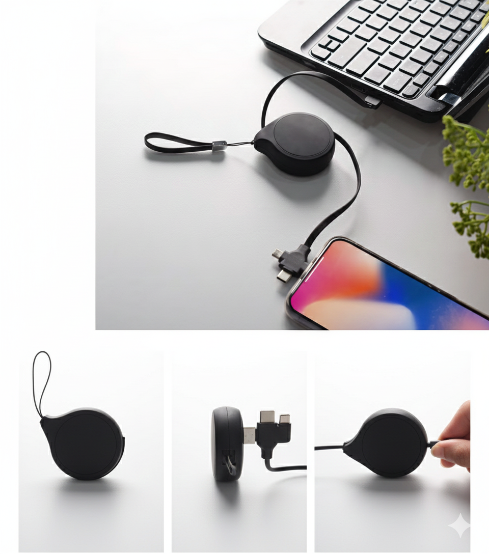 شاحن محمول بكابل مدمج – تصميم مطاطي أسود عالي الجودة – يدعم طباعة الشعار المخصص