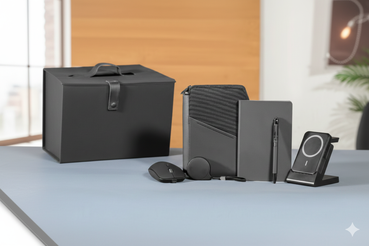 Premium Multi-Texture Organizer Bag Set – Notebook, Pen, Wireless Mouse & Power Bank