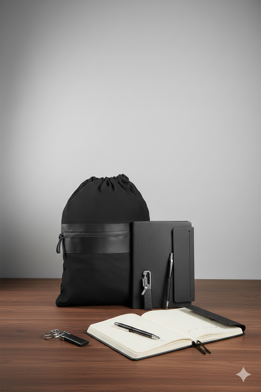 طقم هدايا احترافي أنيق – شنطة برباط + نوت بوك فاخر + قلم معدني + ميدالية