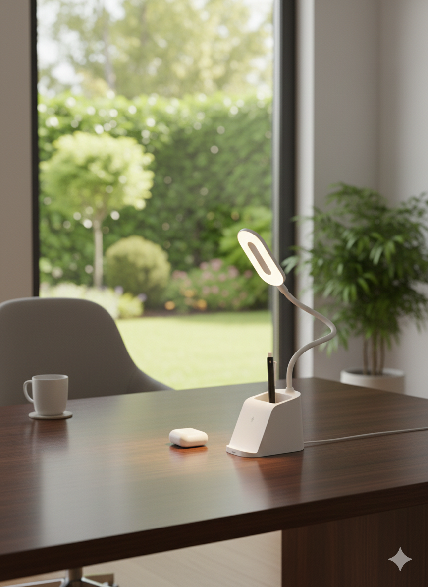 طقم مكتب ذكي LED مع شاحن لاسلكي 15 واط ومصباح مكتب قابل للتعديل – مادة قش القمح