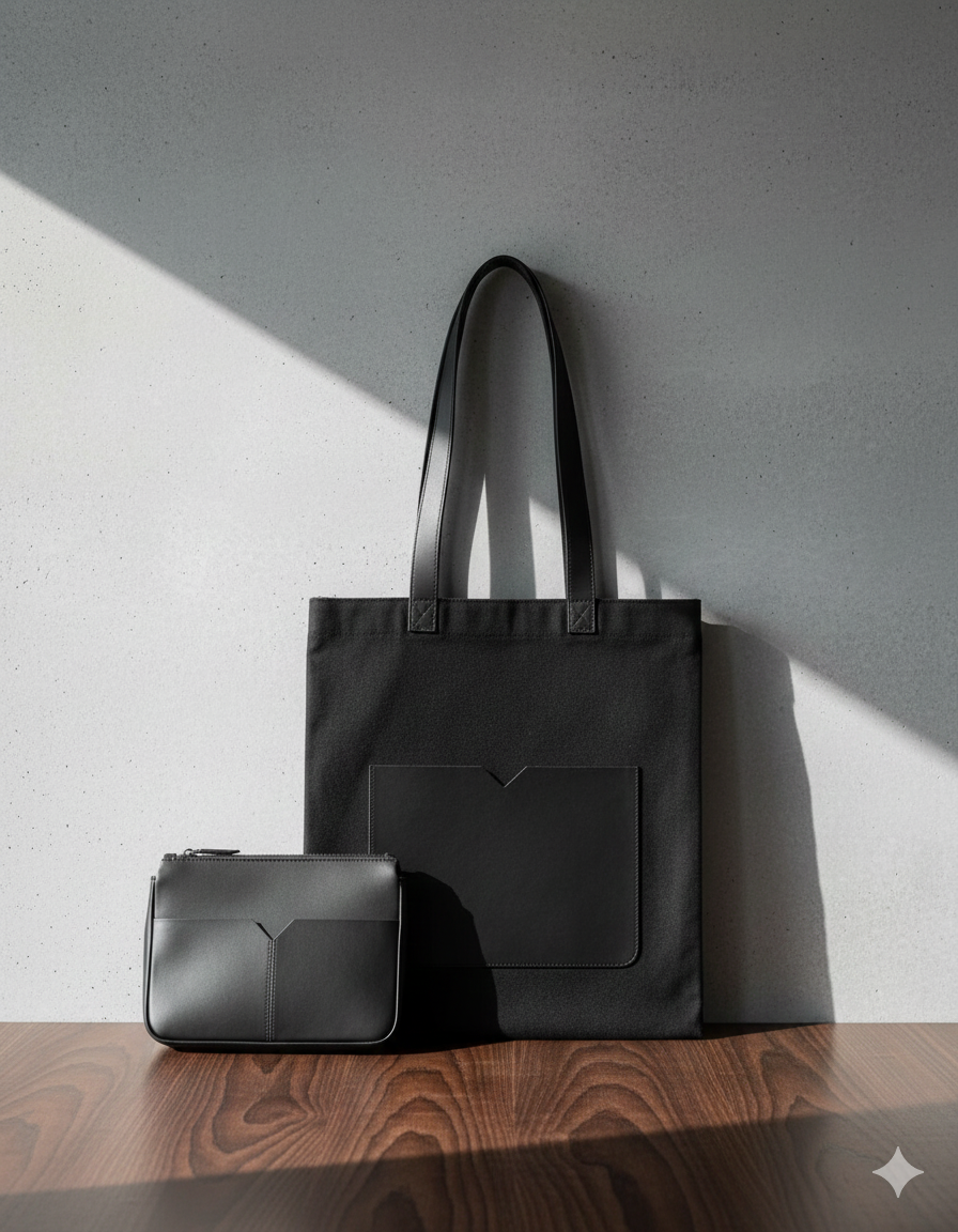 Elegant Black Tote Bag Set – Minimal Design with Matching Pouch
