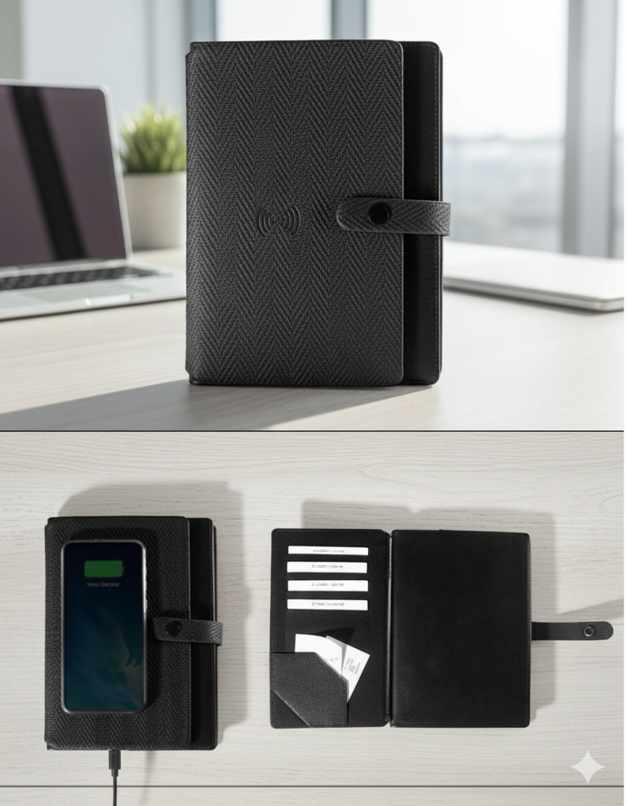 Smart Notebook with Built-In Wireless Charger and Multi-Functional Organizer