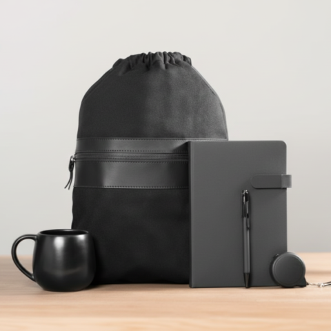 Premium Black Essential Set – Notebook, Retractable Cable & Mug