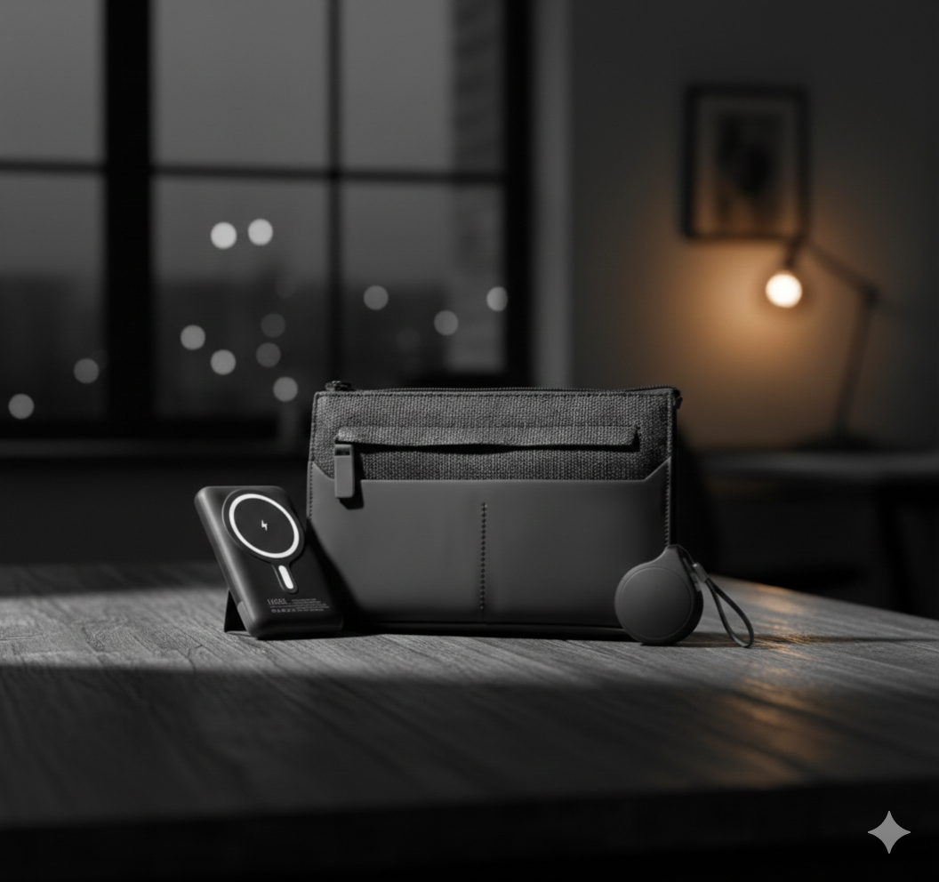 Mini Black Tech Set – Wireless Power Bank with Retractable Cable & Organizer Pouch