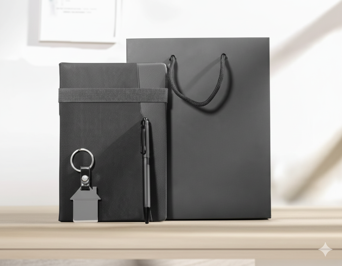 Black Notebook with Pen, Keychain, and Black Gift Bag – Premium Gift Set